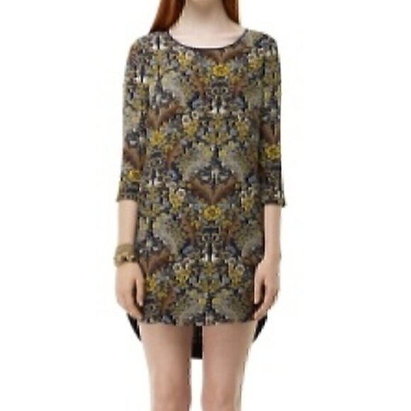 CLUB MONACO Navy Blue Tan Floral Brocade Animal Bird 3/4 Sleeve Mini Shift Dress - Picture 3 of 13